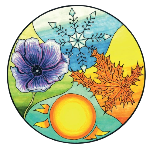 A colorful circular design featuring a snowflake, a purple flower, an orange maple leaf, and a yellow sun.